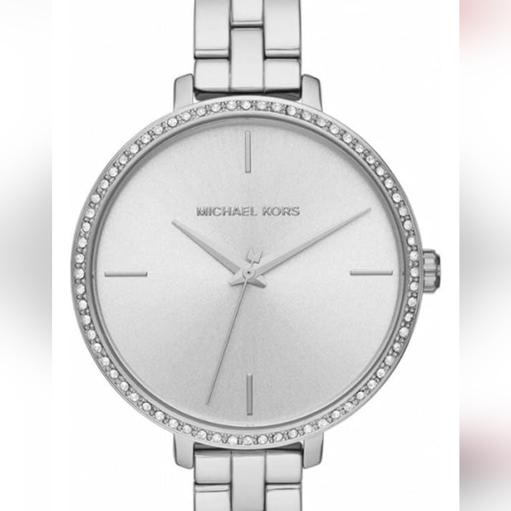 Michael Kors Silver Watch with Crystal Accents White face gorgeous 😍 $300 MSRP - Picture 4 of 12